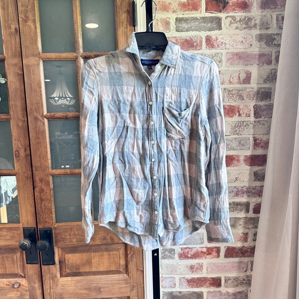 Aeropostale Plaid Flannel Shirt Womens Gray Checkered Long Sleeve Small Grunge S